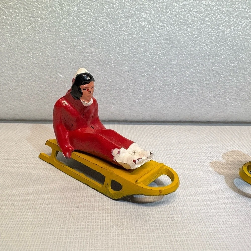 2 Vintage Barclay Sledding Sledders Figurines Christmas Winter Village Decor